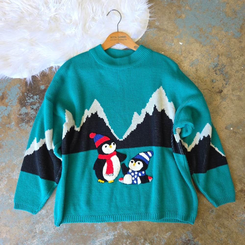 Vintage 80s 90s Christmas Sweater Size L Baby Penguin Novelty Jamie Scott